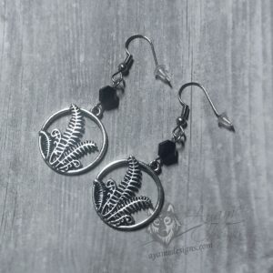 Handmade gothic earrings with fern charms, black Austrian crystal beads and stainless steel earring hooks