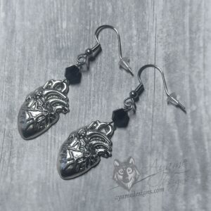 Handmade gothic earrings with anatomical heart charms, black Austrian crystal beads and stainless steel earring hooks