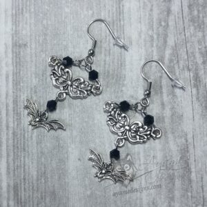 Handmade gothic bat and filigree earrings with black Austrian crystal beads and stainless steel earring hooks