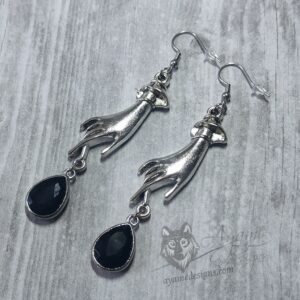 Elegant gothic earrings with hand charms and black teardrop charms, on stainless steel earring hooks