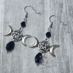 handmade earrings with stainless steel earring hooks, black Austrian crystal beads and a silver triple moon charm with a pentactle