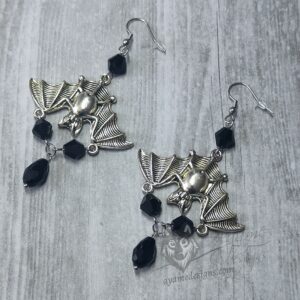 Handmade gothic bat earrings with black Austrian crystal beads on stainless steel earring hooks