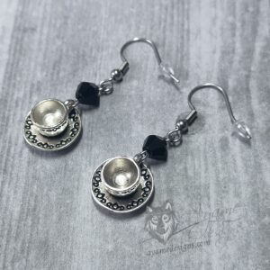 Handmade earrings with teacup charms, black Austrian crystal beads and stainless steel earrings hooks