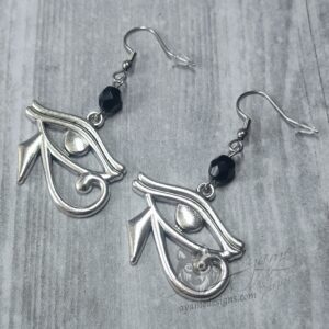 Egyptian Eye Of Horus earrings with black Czech crystal beads on stainless steel earring hooks